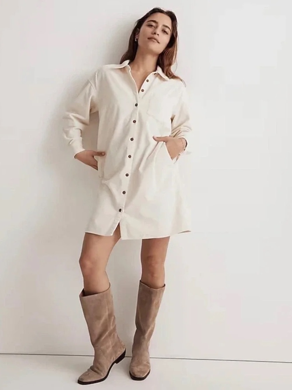 Madewell Cream Button-Front Corduroy Mini Shirt Dress